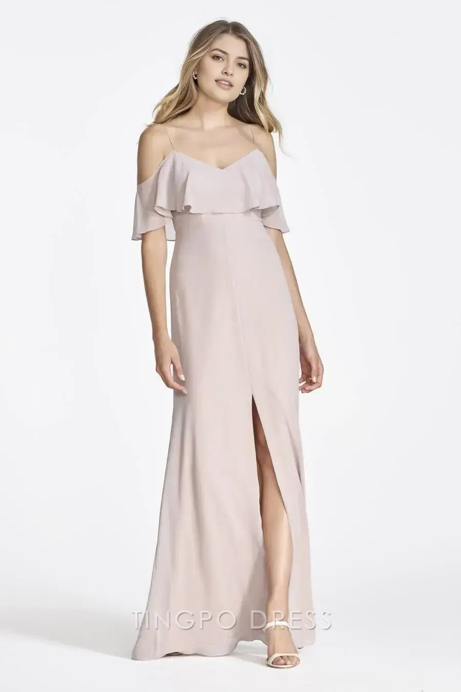 TingPo Wholesale Elegant Blush Pink Spaghetti Strap Off-Shoulder Dress - Ruffled Neckline Evening Gown